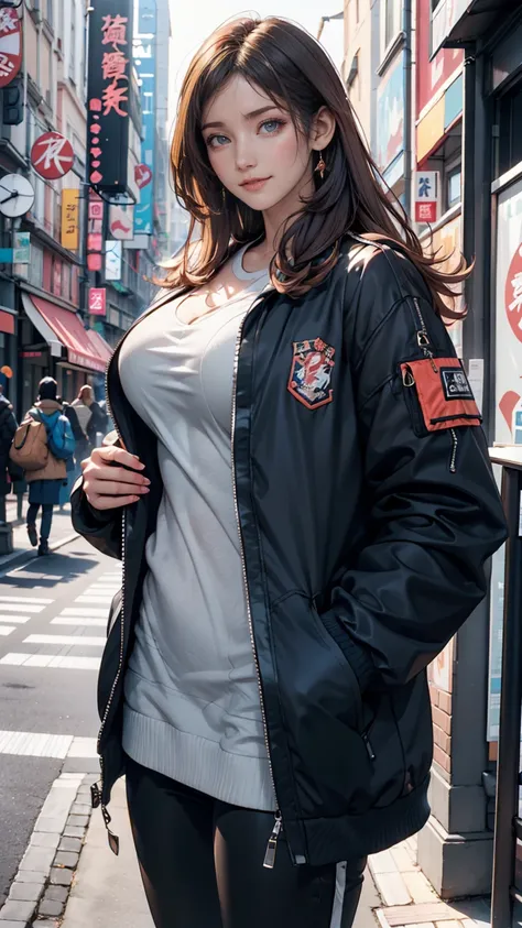 19-year-old female、Her hair color is brunette、Eye color is blue、 long hair、he is wearing eyeshadow and lipstick、slim but well-proportioned muscular body、smile、Big Breasts、 is wearing a jacket 、 彼is wearing a jacketの内側にロゴが入ったシャツを着ています.、I&#39;he is wearing b...