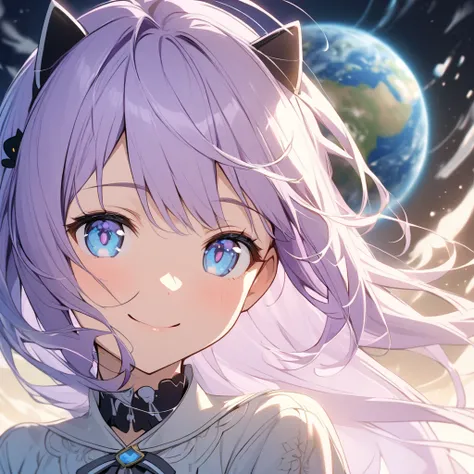 Delicate and soft features  、 1 girl , Light purple hair,  smiles,  blue eyes,  cat hair accessories,  Earth system