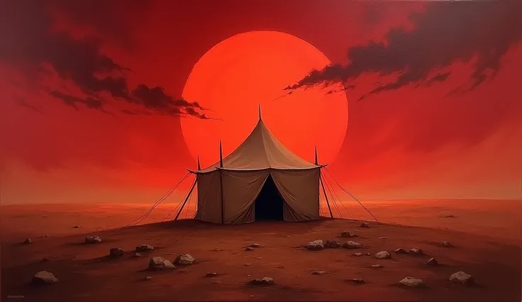 A vivid painting of Imam Hussains tent under a blood-red sunset, symbolizing the eternal sorrow of Karbala