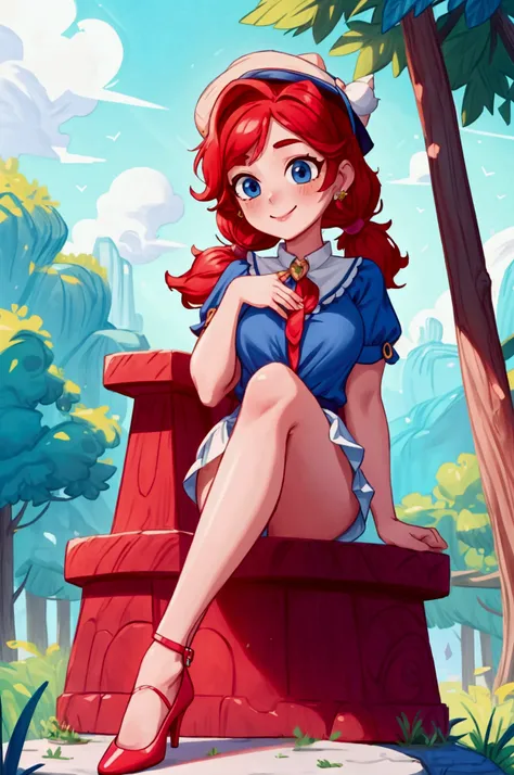 (masterpiece, best quality), 1girl, blue blouse with short neckline, white short skirt, red hair, two ponytails, cute face, blue eyes, sitting with legs crossed, outdoor, intricate detail, sunlight, elegant little hat, sexy pose, red heels shoes, earrings,...