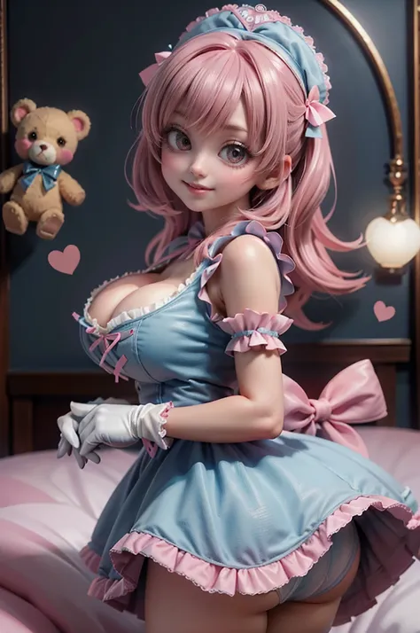 1girl, photo, masterpiece, sweetlolita at bedroomgothic gothic interior, blue white dress fabric, heart shape on cheek, blush pink makeup, gloves, smile, pastel color, ornate, broderry, holding stuffed teddy bear, bokeh,, huge boobs, huge ass