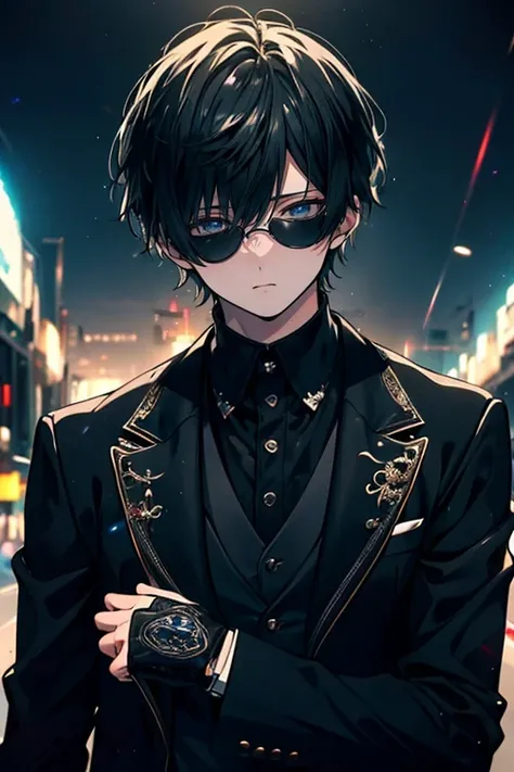 ((  Masterpiece  )), (( top quality)), ( super detailed:1.2),( depth of field),  cinematic lights, (Perfect light), male、 sunglasses, good style、 Black Suit 、whole body