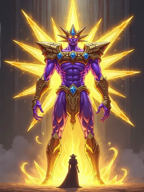 Here is an illustration imagining *Star Platinum* evolving into *Star Platinum Requiem*. The Stand has become larger and more ethereal, surrounded by glowing golden and violet energy, with multiple arms radiating powerful energy. The crystal-like structure...