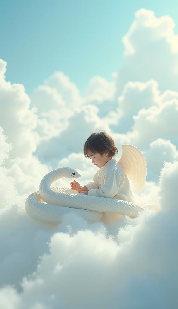 ((masterpiece,  top quality,   Highest image quality  ,  high resolution, Realistic,  original photo,  Extremely Detailed CG Uniform 8K Wallpaper )), 天空上， in the sky ， and watching the child lovingly {x} a white snake surrounded a milk doll， cute kid ， in ...