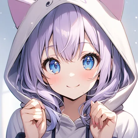 Delicate and soft features  、 1 girl , Light purple hair,  smiles,  blue eyes, Cat ear hoodie　
Wear a hood、white
