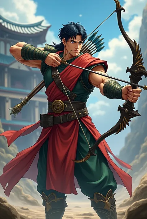 A adult male , anime figure, wearing a cool red green  armoured costume, holding a legendary dragon shaped  designed bow with great design( the bow is of very cool unique design) , and a blue arrow, aiming at the viewer, a quiver at his back, detailed pict...