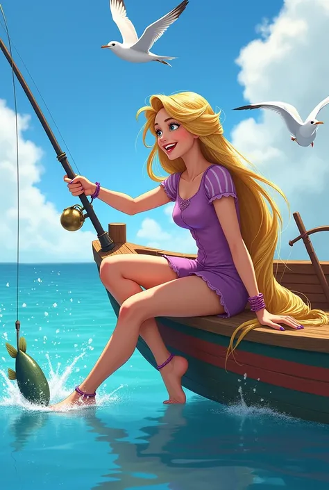 Rapunzel , Colored Claws  , Holding thin anklets、Under a bright blue sky and a serene sea, Rapunzel from "Tangled" is actively engaged in fishing on a vibrant, detailed boat. Her exceptionally long, shimmering golden hair cascades gracefully into the water...