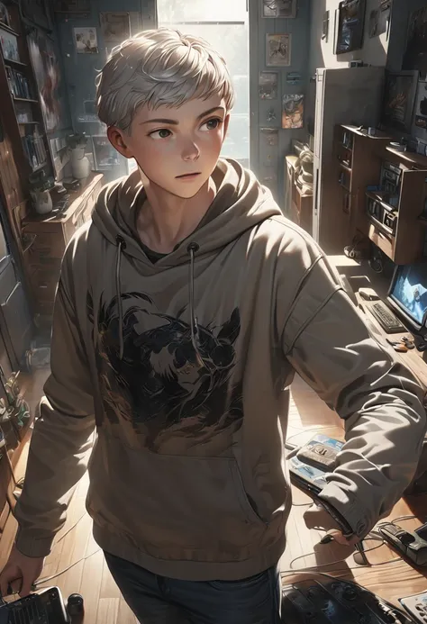 a young boy with a neutral facial expression, silver short hair, standing naturally in casual clothes of a hoodie and jeans, looking straight ahead with his hands at his sides, gamer, homebody, video game, photorealistic, 8k, high quality, realistic lighti...