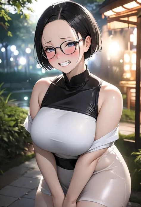 RAWphoto,photorealistic,8k16k,best quality,perfect anatomy,perfect detailed,ultra highres, extremely detailed eyes and face,gleaming skin,shiny skin,1girl,Japanese,black short hair,pixie cut, (wearing glasses:1.3),(parted bangs,forehead:1.2),round face,med...