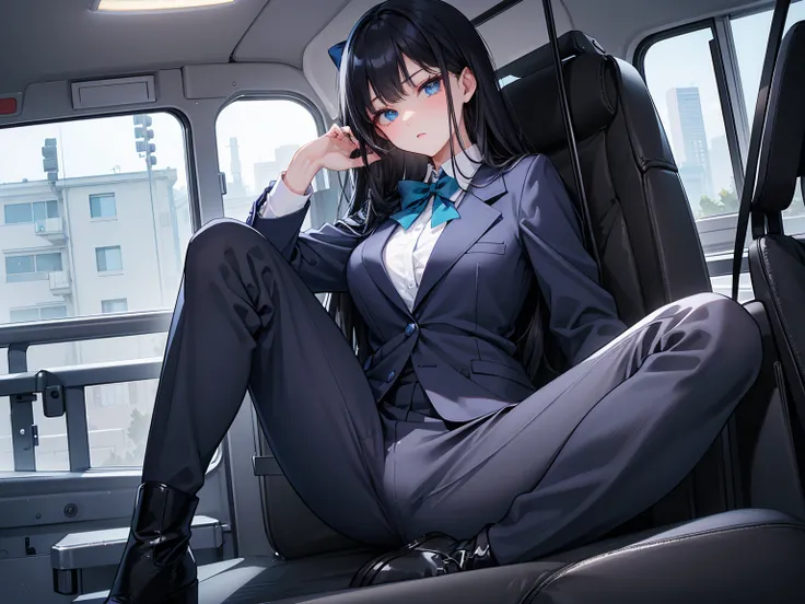 High school students ， already, Black Hair ， With warm blue eyes ， Wore a brand new blue suit and black boots ， Pure white collar and bright green bow 。 has long Black Hair and warm blue eyes ， Lean back in the car seat ， Pose Alluring , spread legs , lowe...