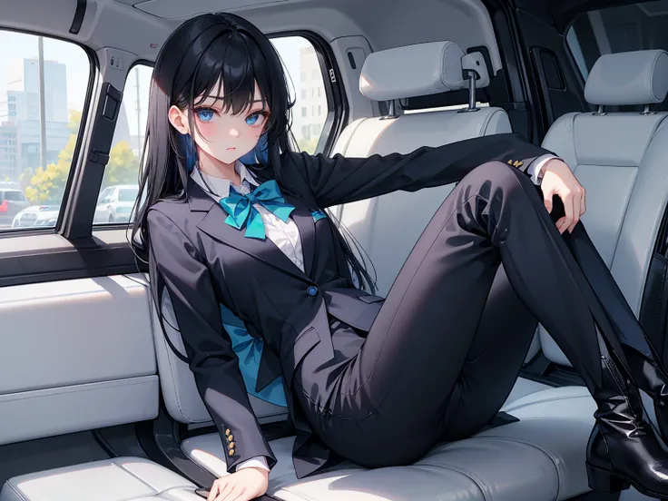 High school students ， already, Black Hair ， With warm blue eyes ， Wore a brand new blue suit and black boots ， Pure white collar and bright green bow 。 has long Black Hair and warm blue eyes ， Lean back in the car seat ， Pose Alluring , spread legs , lowe...