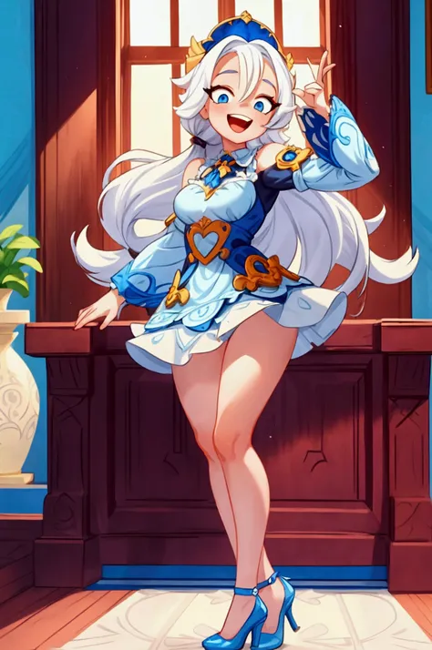 (Masterpiece, best quality), 1 girl, white semi long hair, blue eyes, standing indoors with intricate details and sunlight, blue frilled dress with short neckline, red details, black heels, sexy pose, crazy smile, crazy laugh showing teeth, closing one eye...