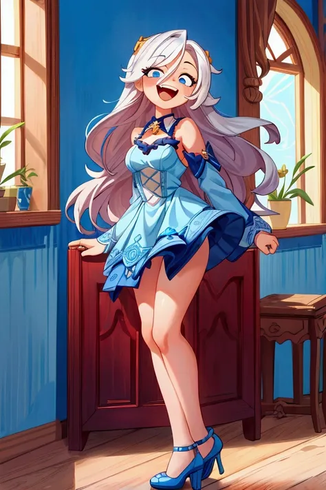 (Masterpiece, best quality), 1 girl, white semi long hair, blue eyes, standing indoors with intricate details and sunlight, blue frilled dress with short neckline, red details, black heels, sexy pose, crazy smile, crazy laugh showing teeth, closing one eye...