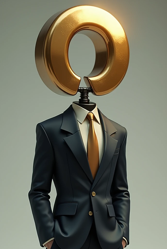 Generate a man in a suit in animation ,  but instead of the head it has a metallic letter O and a gold M in the middle.  The suit matches the aesthetics of the head . I need the letter M in the middle ,  its floating and wont touch the O.  The letter O can...