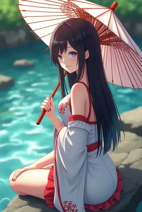 pretty japanse beautiful woman with long straight black hair, sitting on a rock on the side of a river with a classical Japanese paper umbrella with white and red colors. She is wearing a sexy white top with red accents with a white plated skirt with red a...