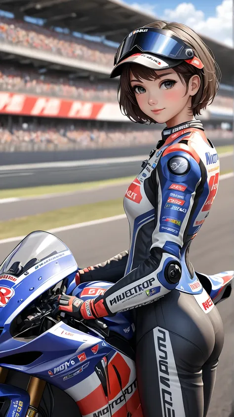 (1girl, statuesque body, adorable face, short hair:1.2), (best quality, highres, anime style, digital drawing mode, realistic:1.1), motogp rider, posing next to motogp motorcycle, holding her helmet, depth of field, circuit background, detailed textures