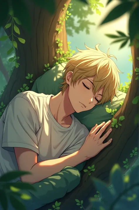 Anime, Sleepy character, a man, white skin, blonde hair, treehouses, green eyes