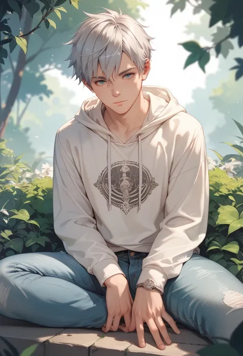  a boy with a neutral face, semi-short, silver hair 。 who likes games and is prone to withdrawal is standing in a natural style。Clothes are hoodies and jeans 。Standing with the body facing the front and hands down。