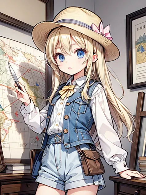   Masterpiece  ,  top quality,  very detailed, 16k,  super high resolution,  cowboy shot,  One Girl,  detailed face , Perfect means,  blue eyes,  blonde alone,  woven ,  Vest with Lots of Pockets , Shorts, Explorer knife, Safari Hat, compass, telescope, ma...