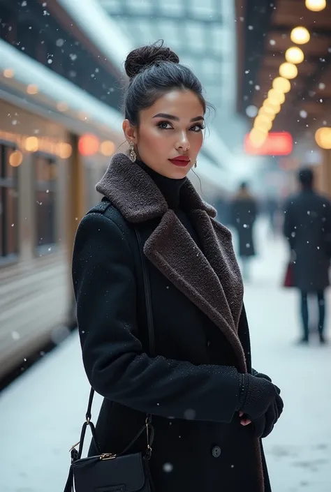 a photo of a beautiful eurasian woman, very pretty,slim,  aged 35, lipstick,  buxom, hair in chignon, stylishly and smartly dressed for a  winter train journey, standing at snowy train station, 