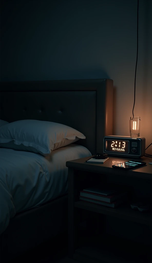 "A hyper-realistic cinematic scene of a dimly lit bedroom at night, with a vintage-style digital clock on the bedside table showing clock 2:13 AM. The soft glow of a smartphone screen illuminates part of the room. The phone rests on the table, its screen f...