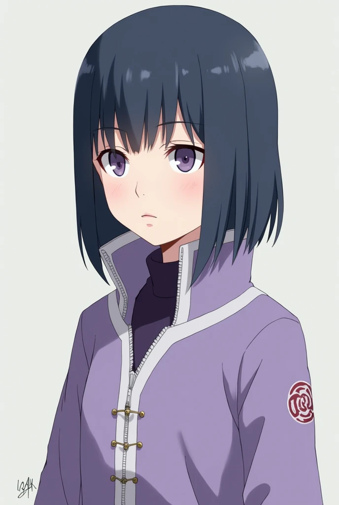 
 Hinata Hyuga has straight dark blue hair ,  initially short and then long in Shippuden . Her pearlescent eyes ,  typical of the Hyuga clan , stand out on her delicate face .  She wears lilac jackets with white or purple details,  combined with dark or be...