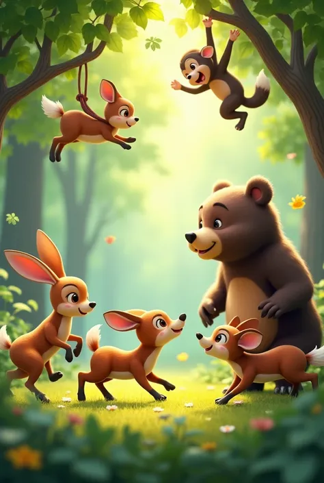 rabbit,deer,fox,bear and monkey are playing