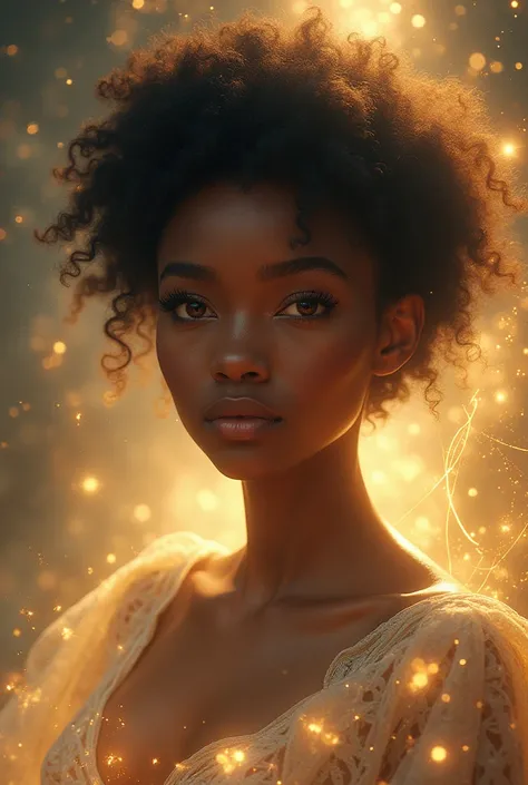 Lady infinity, curly short haired light African American lady with gold eyes
