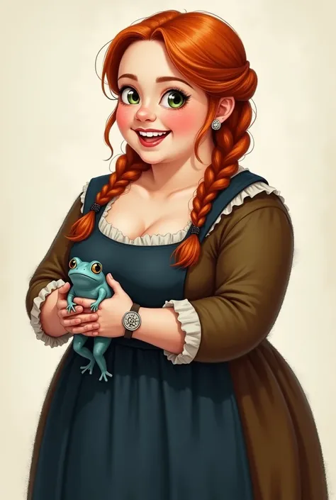 Drawn Portrait of a joyful chubby woman holding a tiny blue dart frog, ginger hair, two braids, green eyes, brown dress with dark blue apron, plus size, curvy, medieval era, cottage core, no make up, natural, fantasy Portrait art