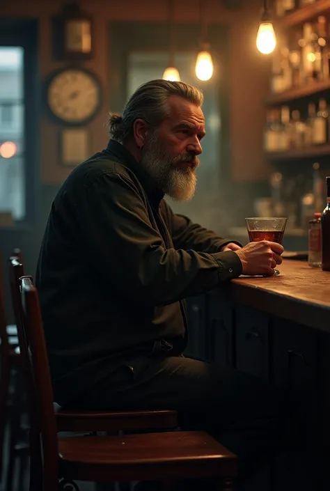 45-year-old bearded man drinking in a bar accompanied by an imaginary woman