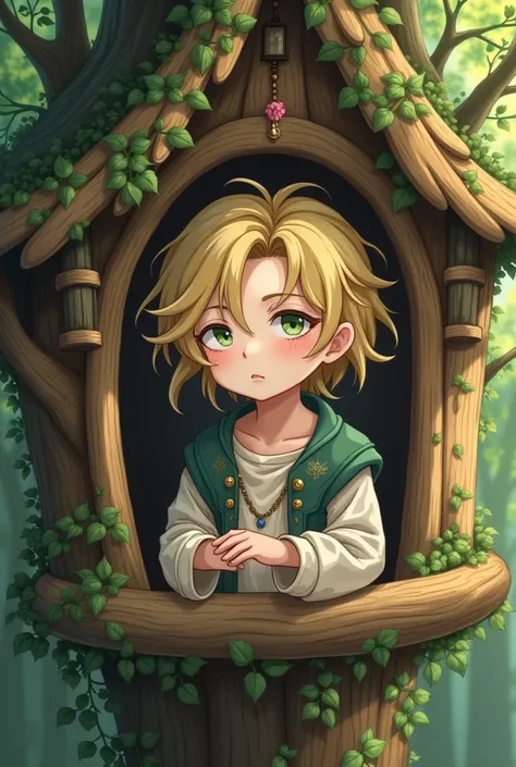 Anime, Sleepy character, a man, white skin, blonde hair, treehouses, green eyes, medieval costume, cute face, sleepy face