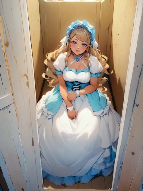 Curls,blonde hair,blue eyes,long eyelashes,victorian big puffy ballgown,short puffy sleeves,frilly,long hair,fringe bangs,side curls,fullbody,standing,masterpiece,puffy skirt,highres,big puffy light blue ballgown,bows on the skirt,short white puffy sleeves...