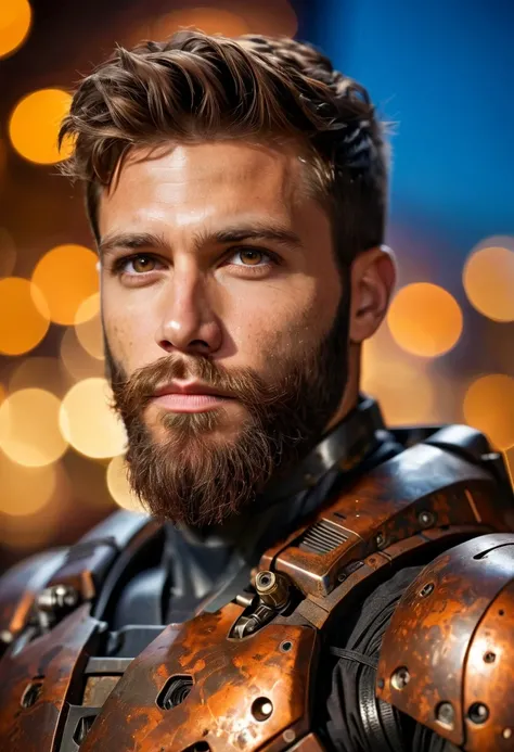 Portrait photo of muscular bearded guy in a worn mech suit, ((light bokeh)), intricate, (steel metal [rust]), elegant, sharp focus, photo by greg rutkowski, soft lighting, vibrant colors, (masterpiece), ((streets)), (detailed face:1.2), (glowing dark brown...