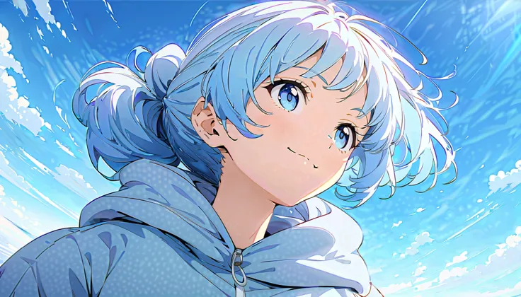 (masterpiece, Highest quality, Official Art:1.2), 
look up at the sky, One Girl, alone,
(light blue hair, ponytail) and (light blue eyes),
wearing a hoodie, gentle smile, 
Blue Sky Background, 
Ultra-fine illustrations, highly detailed, Dynamic Angle, beau...