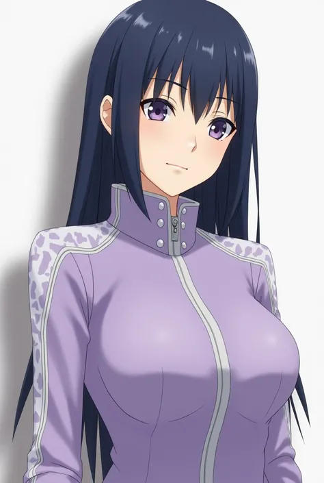 
 Hinata Hyuga has straight dark blue hair ,  initially short and then long in Shippuden . Her pearlescent eyes ,  typical of the Hyuga clan , stand out on her delicate face .  She wears lilac jackets with white or purple details,  combined with dark or be...