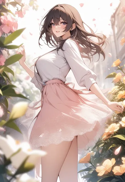 masterpiece, best quality, very aesthetic, absurdres, 1girl, ,lace_skirt,surrounding by flowers,falling_petals, outdoors, petals,,,blur background,background defocus,