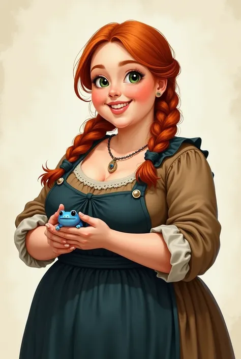 Drawn Portrait of a joyful chubby woman holding a tiny blue dart frog, ginger hair, two braids, green eyes, brown dress with dark blue apron, plus size, curvy, medieval era, cottage core, no make up, natural, fantasy Portrait art