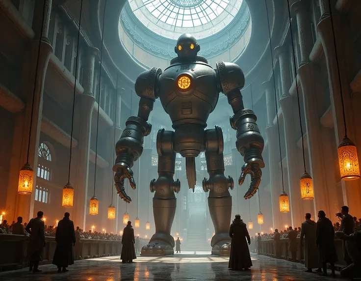 A grand medieval-fantasy workshop designed for the meticulous assembly of a colossal magical automaton. The scene features a massive, partially constructed metallic figure, its limbs suspended by intricate pulley-operated cranes. Around the workshop, arcan...