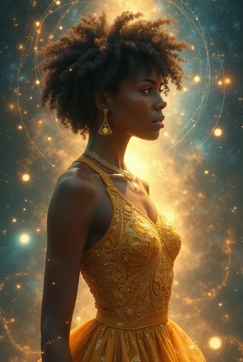 Lady infinity, curly short haired light African American lady with gold eyes, she is cosmic 
