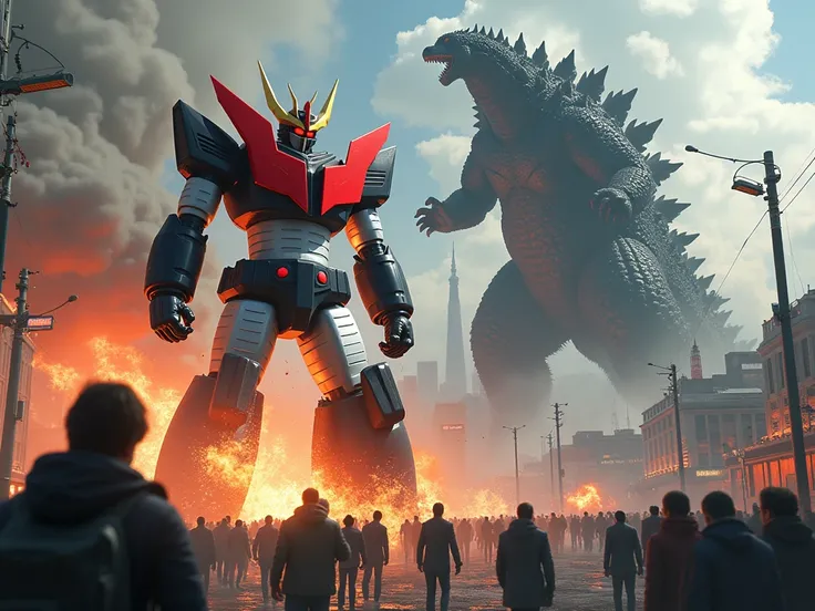 Paysage, ville de tokyo, vu de loin, mazinger combat godzilla, le combat détruit une partie de la ville, la foule panique