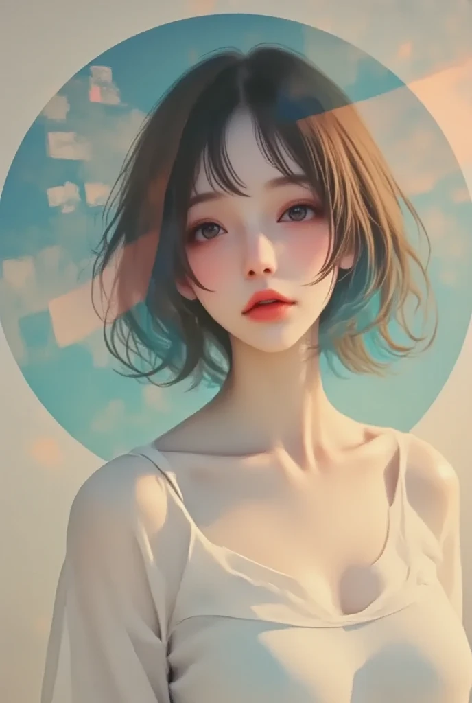 masterpiece, ultra detail, “A minimalist and ethereal portrait of a young woman with a short bob hairstyle, her profile softly illuminated against a muted blue circular backdrop. She wears a crisp white shirt, exuding a clean and serene aesthetic. Delicate...