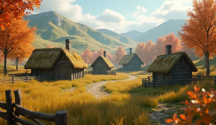 3D rendered realistic game scene background，front，A remote grassy village，3D Animation，autumn
