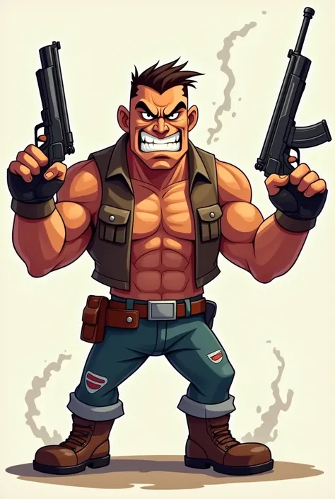 Create a human character, With firearms and an angry face.

Em formato Cartoon 