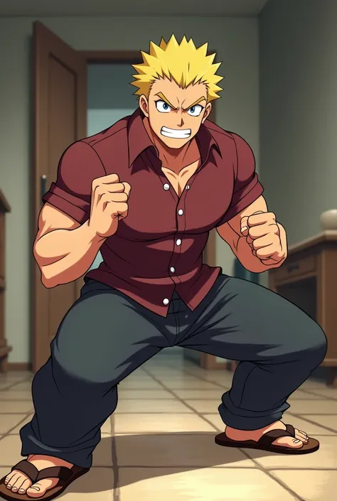 Tall Man, with round face, with short thin yellow haircut, less chubby, muscular, in Anime, wears his mahogany shirt, dark gray pants, brown sandals, in the private room, doing his fighting pose with his fists, angrier, crouching with his legs and feet