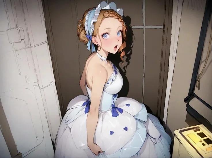 Curls,blonde hair,blue eyes,long eyelashes,victorian big puffy ballgown,short puffy sleeves,frilly,long hair,fringe bangs,side curls,fullbody,standing,masterpiece,puffy skirt,highres,big puffy light blue ballgown,bows on the skirt,short white puffy sleeves...