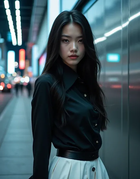 A sleek and stylish high-fashion editorial in monochrome tones, set against a cool, modern Tokyo cityscape at dusk. The model is an 18-year-old woman with long, glossy black hair and flawless porcelain skin, dressed in a chic monochrome outfit featuring a ...