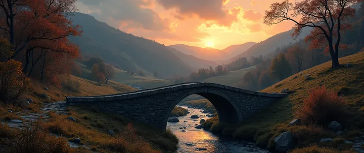 gothic wilderness style (masterpiece, best quality, hyper detailed, ultra realistic, 32k, RAW photo) , stone bridge over a tranquil stream, rolling hills scattered with trees, autumn, sunset, sharp focus, intricate, detailed illustration, beautiful color p...