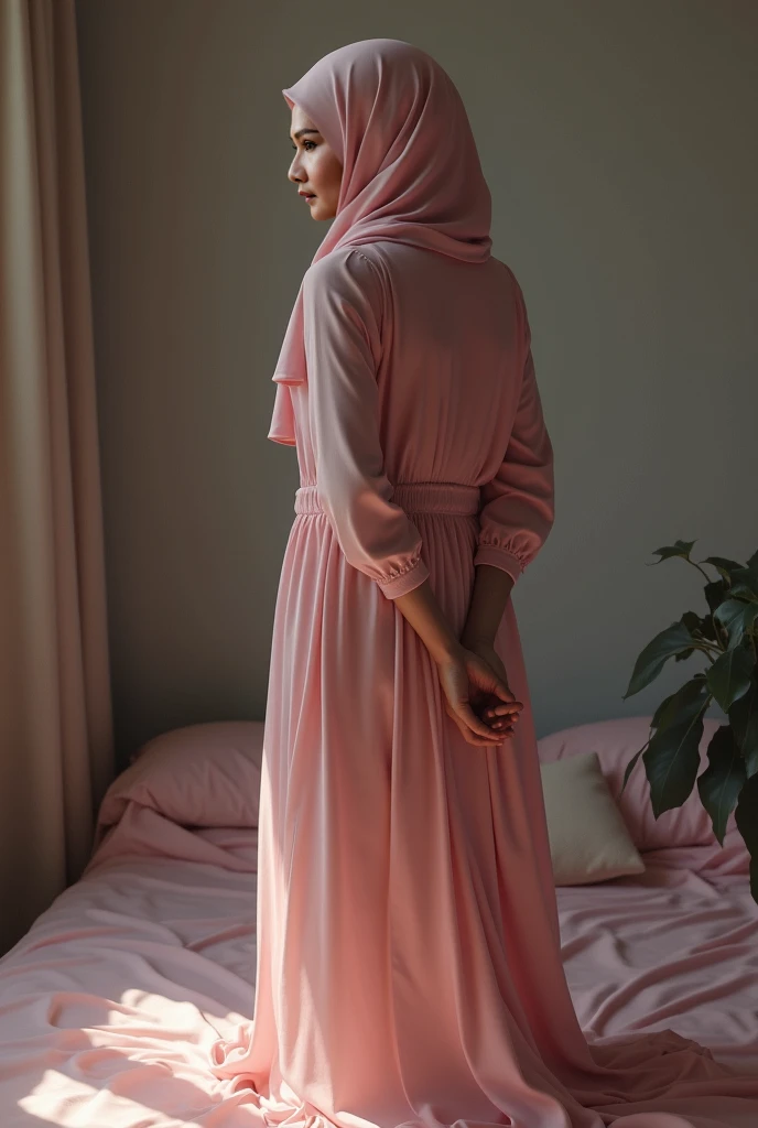 HIJAB, WEARING A PINK NIGHTDRESS APPEARS INSIDE ,  BOTH HANDS LYING BEHIND THEIR BACKS