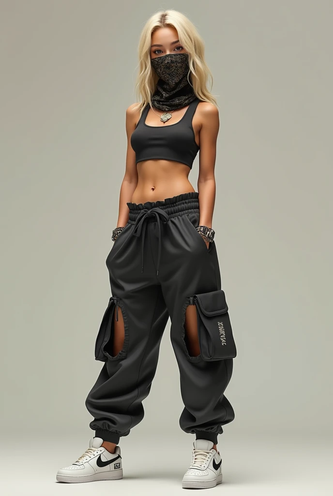 Blond Teen Girl, shoulder free crop top, baggy pants, thong straps on hips, white Nike shoes on, sexy outfit, Arabic scarf face mask   