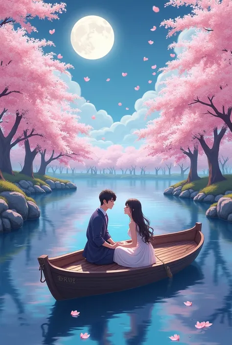  Japanese Skinners Style .motive:  romantic date on a lakey-blossoming cherry blossom background Key elements boat ,the moon is shining brightly             